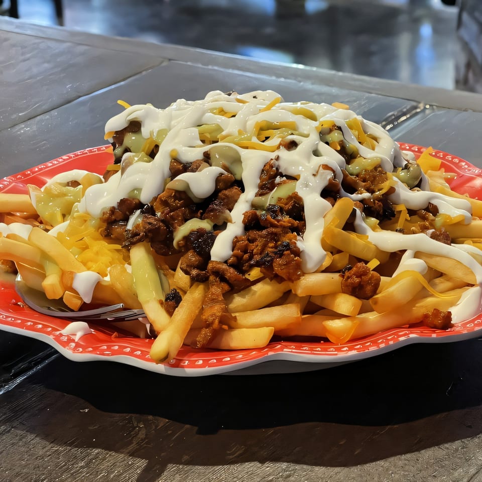 Birrieria Del Pueblo's Mexican fries loaded with meat, cheese, and white sauce on a red plate.
