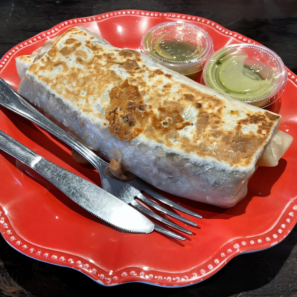 A large, grilled Birrieria Del Pueblo burrito with two containers of green sauce on a red plate.
